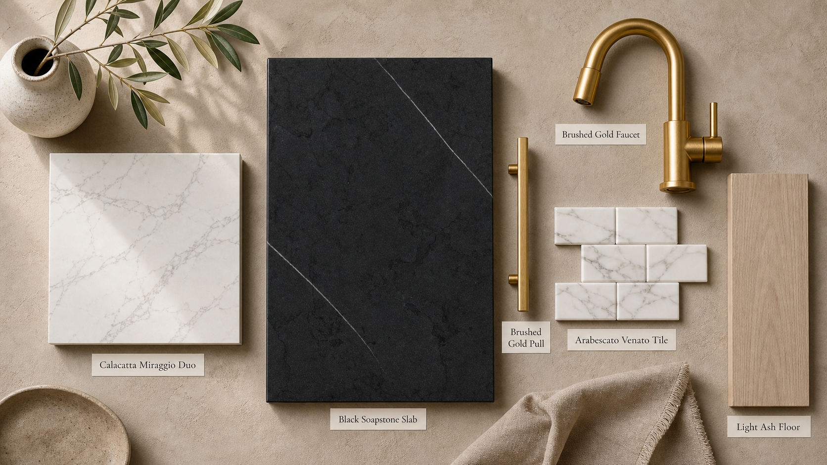 Kitchen finish sample with black soapstone, brushed gold, and light ash finishes