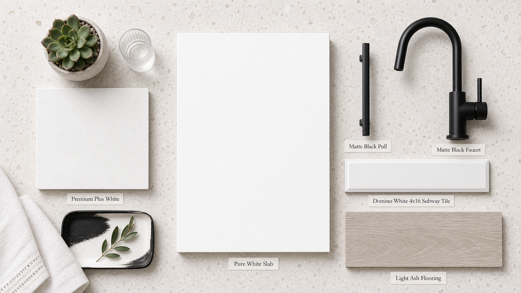 Kitchen finish sample with pure white slab and matte black finishes