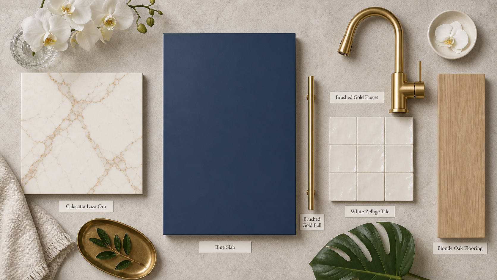 Kitchen finish sample with blue slab and brushed gold finishes