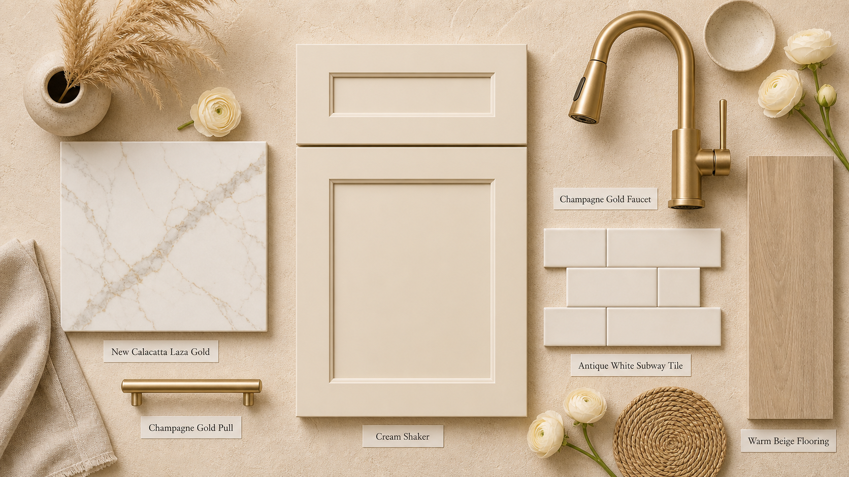 Kitchen finish sample with cream shaker cabinetry, Calacatta Laza Gold, champagne gold hardware, and warm beige flooring