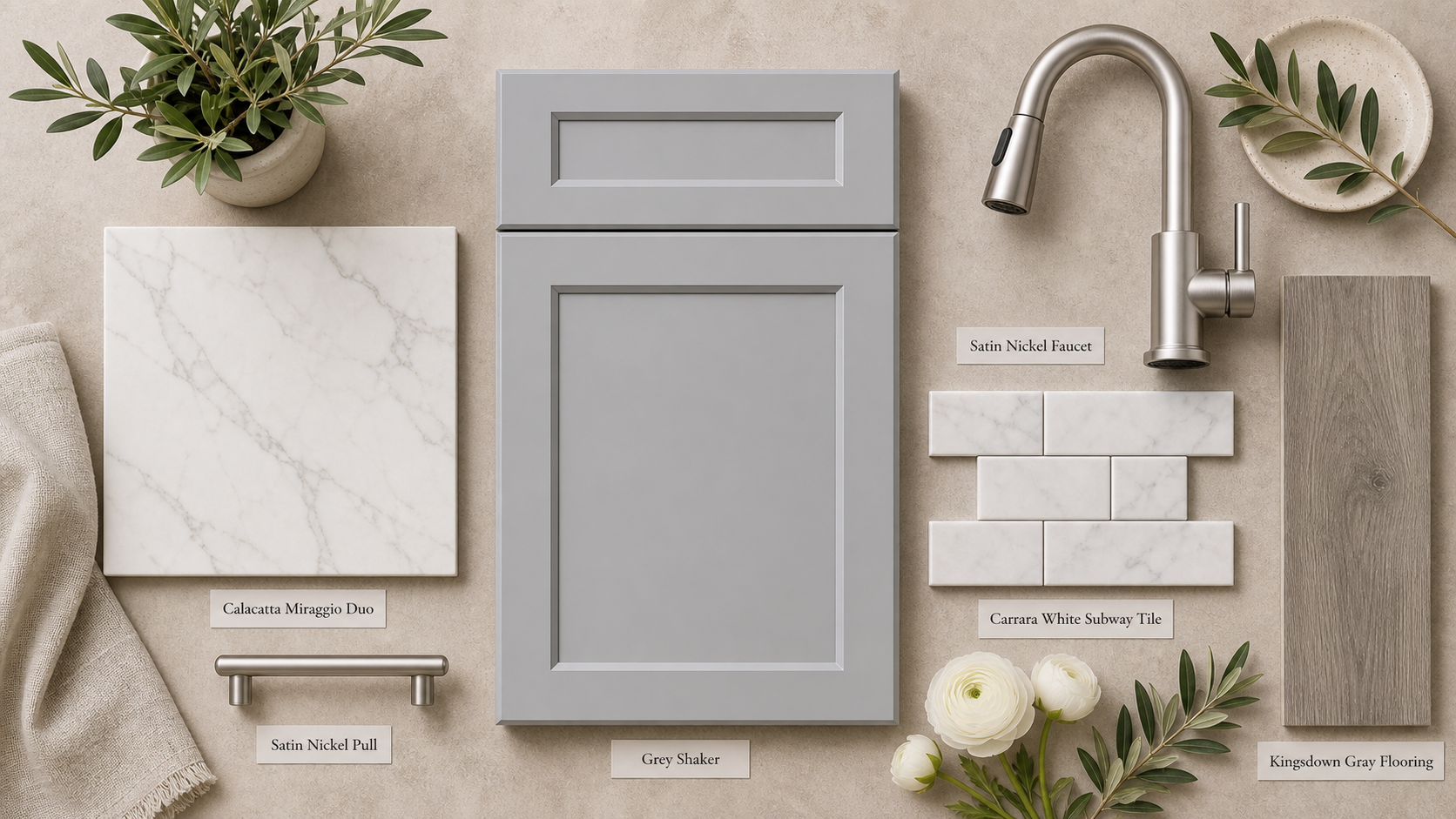 Kitchen finish sample with grey shaker cabinetry, Calacatta Miraggio Duo, satin nickel hardware, and Kingsdown gray flooring