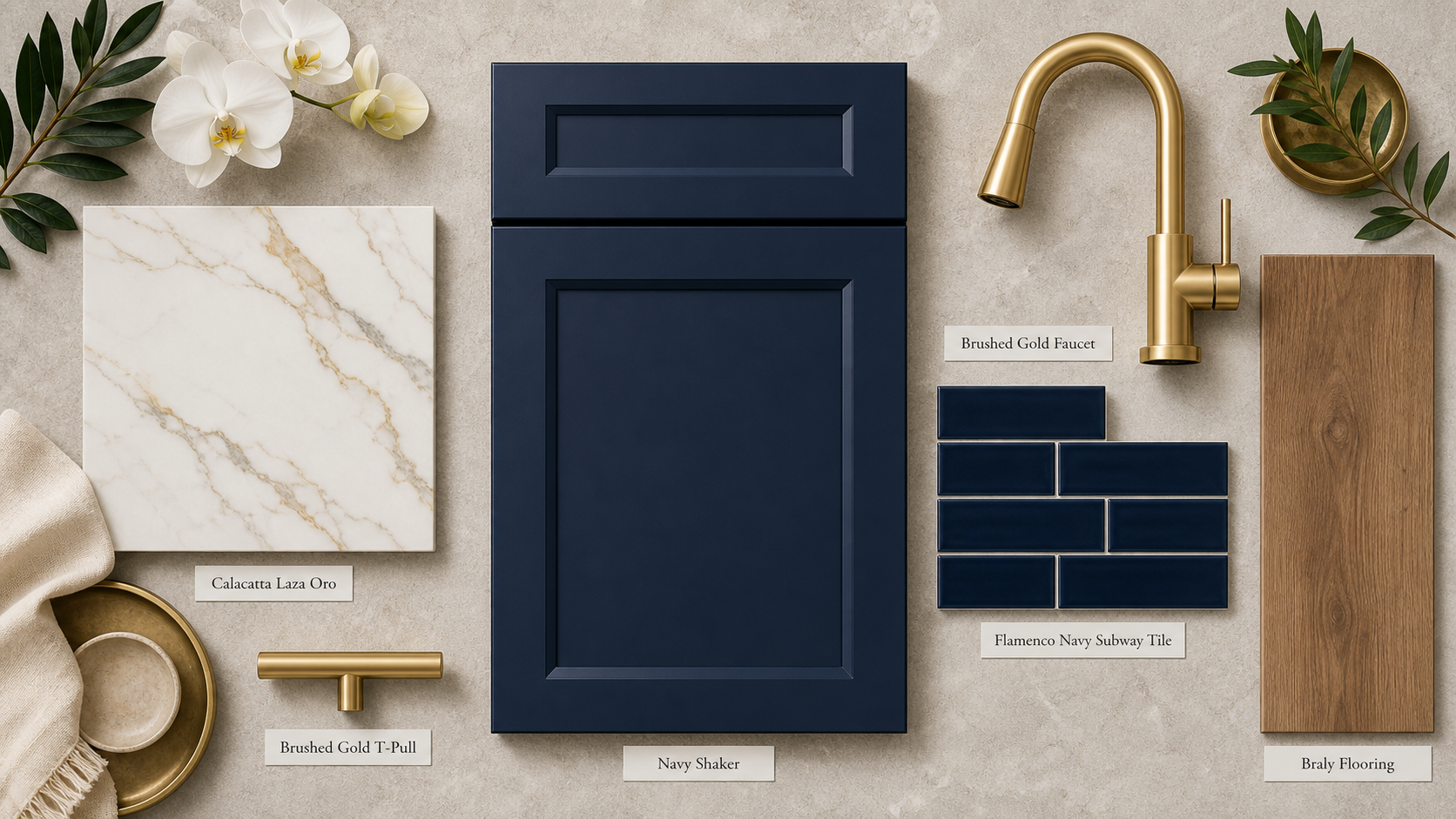 Kitchen finish sample with navy shaker cabinetry, Calacatta Laza Oro, brushed gold hardware, and Barley flooring