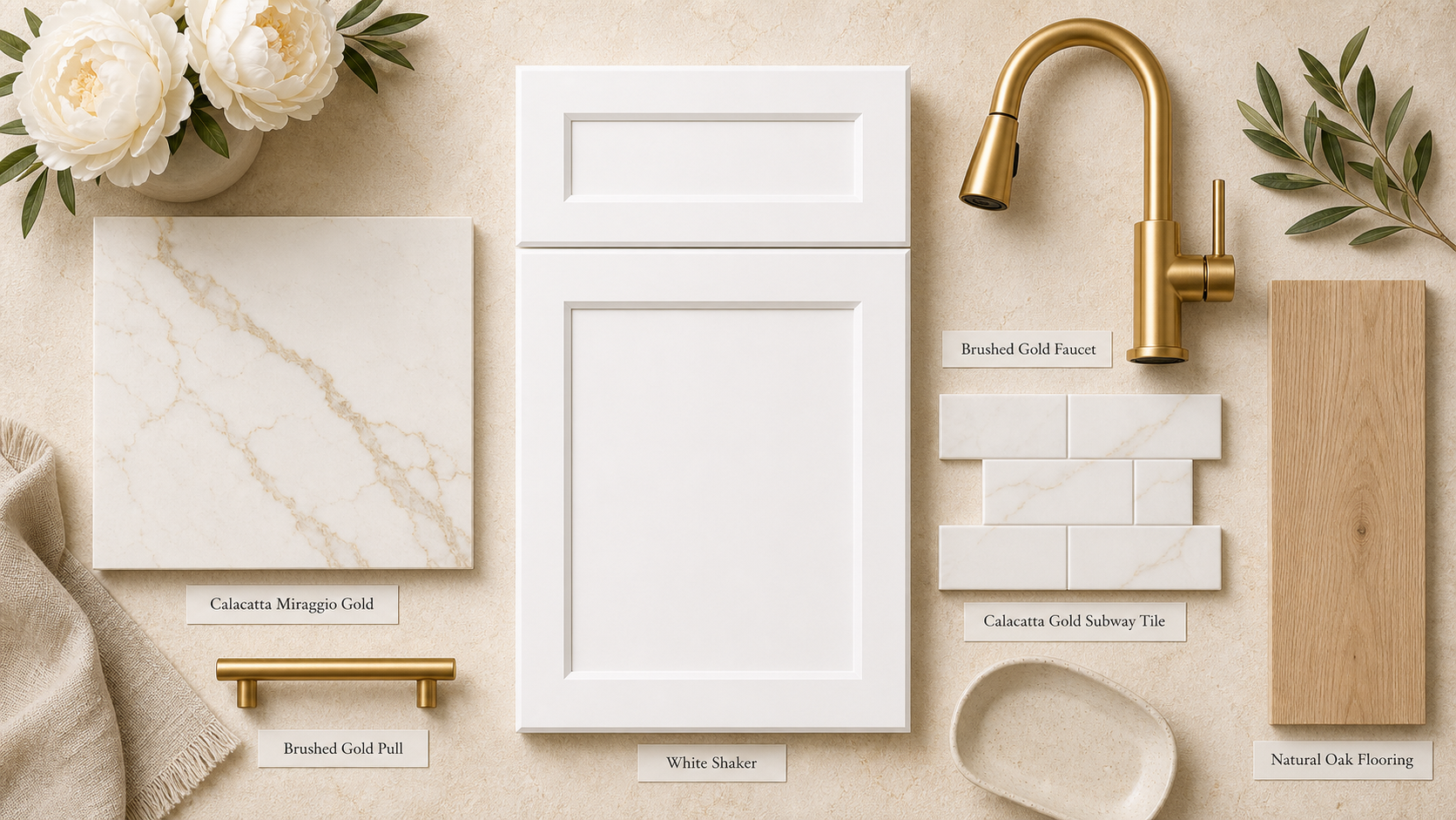 Kitchen finish sample with white shaker cabinetry, Calacatta Miraggio Gold, brushed gold hardware, and natural oak flooring