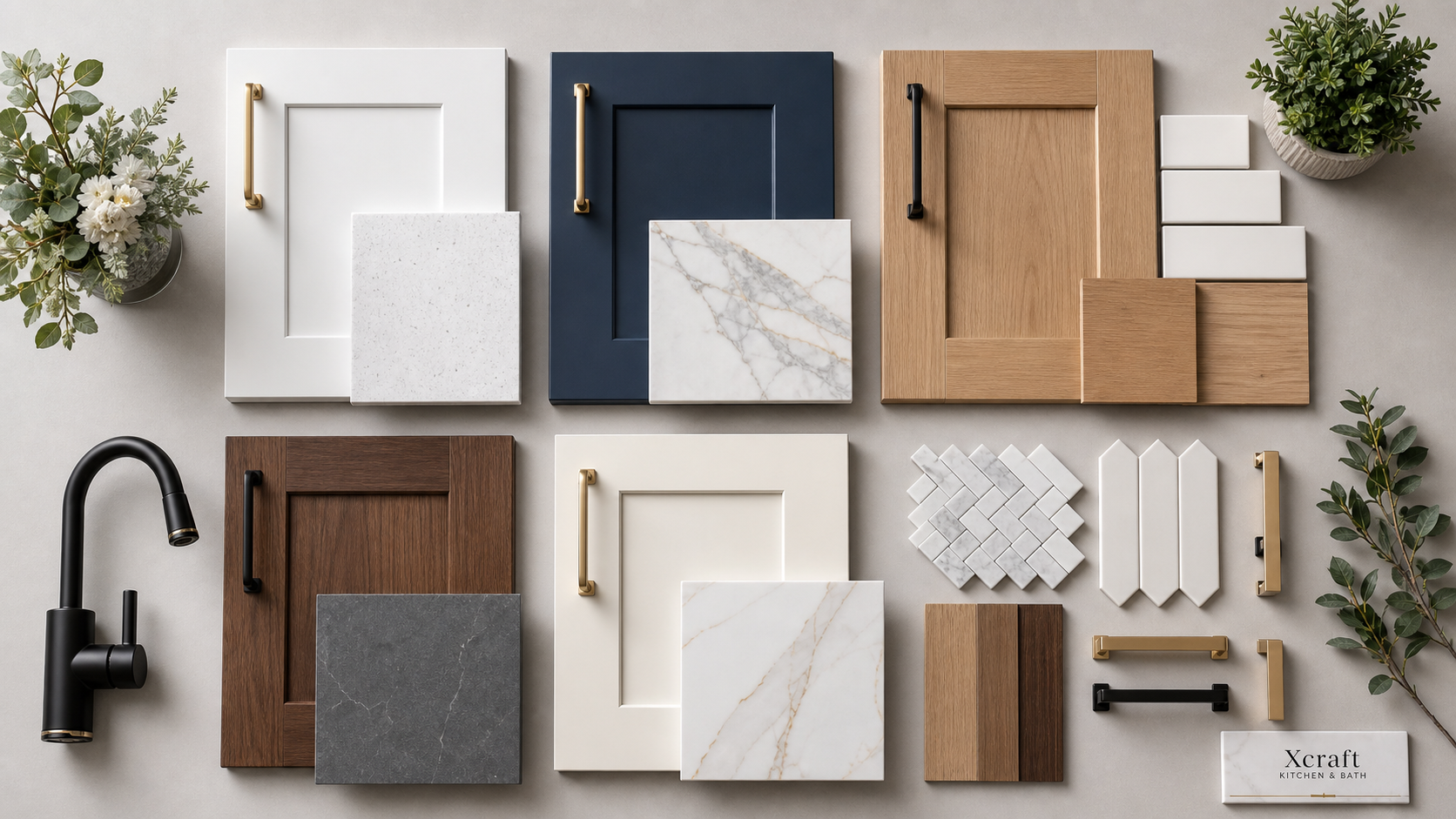 Xcraft Kitchen and Bath cabinet, countertop, and hardware samples